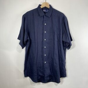 Polo Ralph Lauren Mens Linen Navy Short Sleeve Button Up Shirt Size M Preppy